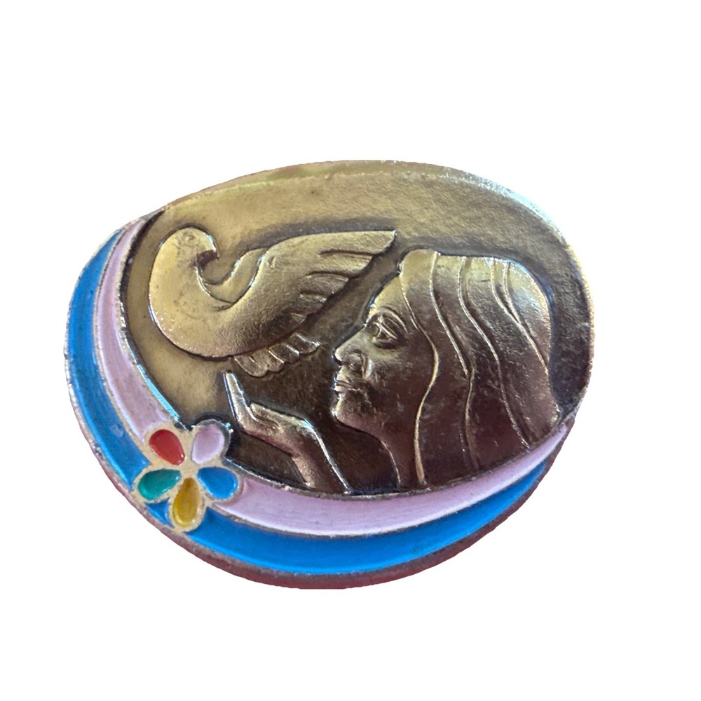 USSR SOVIET PIN BADGE LADY Holding a Bird  Enamel Pink Blue Flower Good Tone